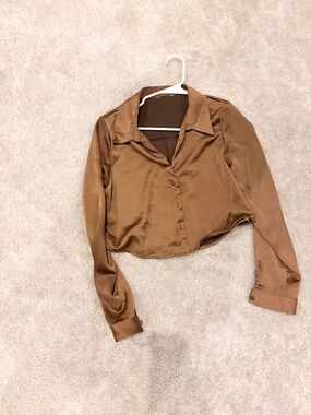 Zara Satin Cropped Button-Up Blouse in Bronze